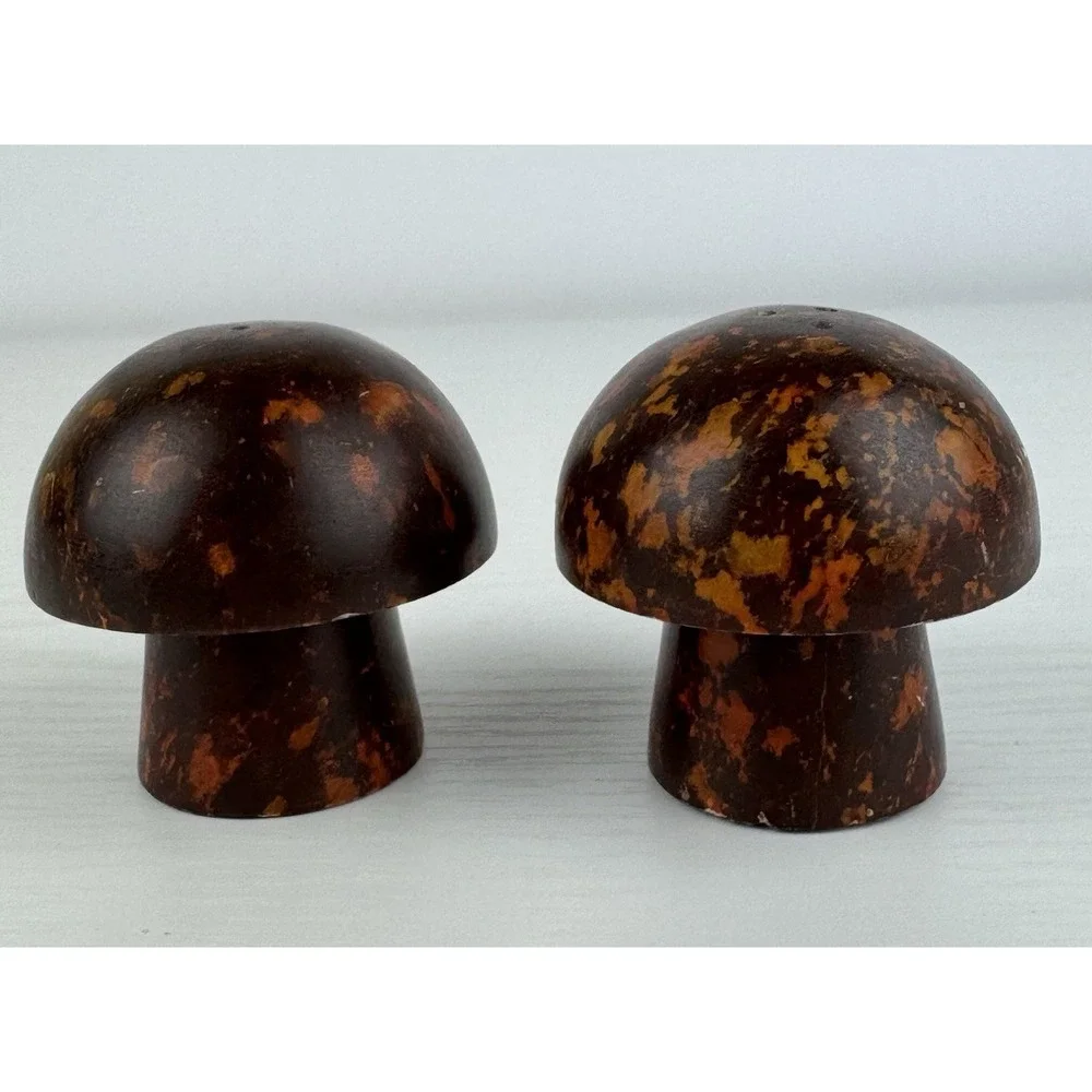 Vintage Bakelite Mushroom Salt & Pepper Shakers Tortoise Shell Tested MCM Set